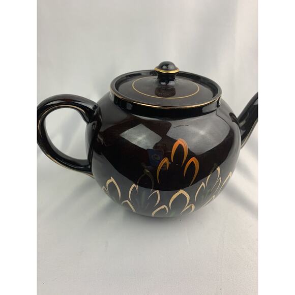 Vintage Brown Heath Ceramics Teapot Made in England Gold Trim Painted Design - Picture 8 of 12
